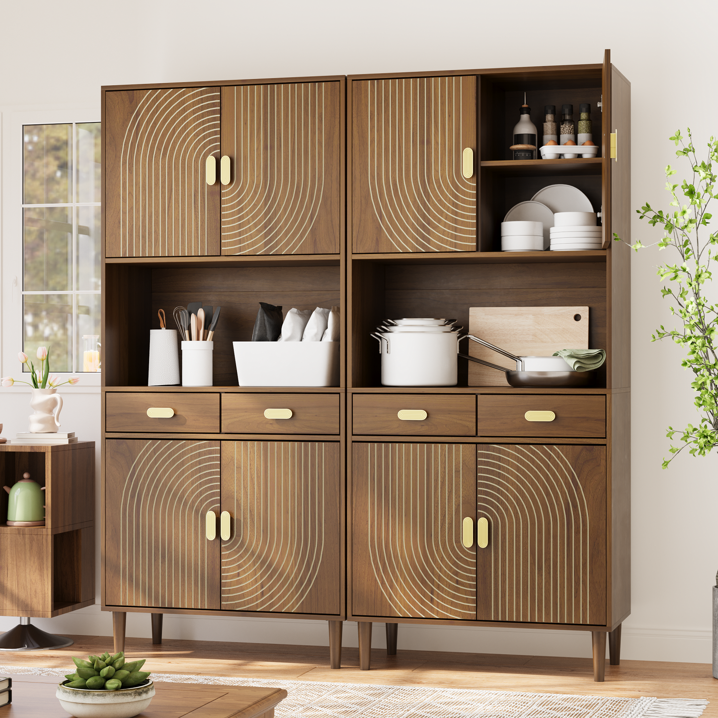Algherohein Pantry Storage Cabinet with Doors and Drawers,Wood Kitchen Cabinets Storage