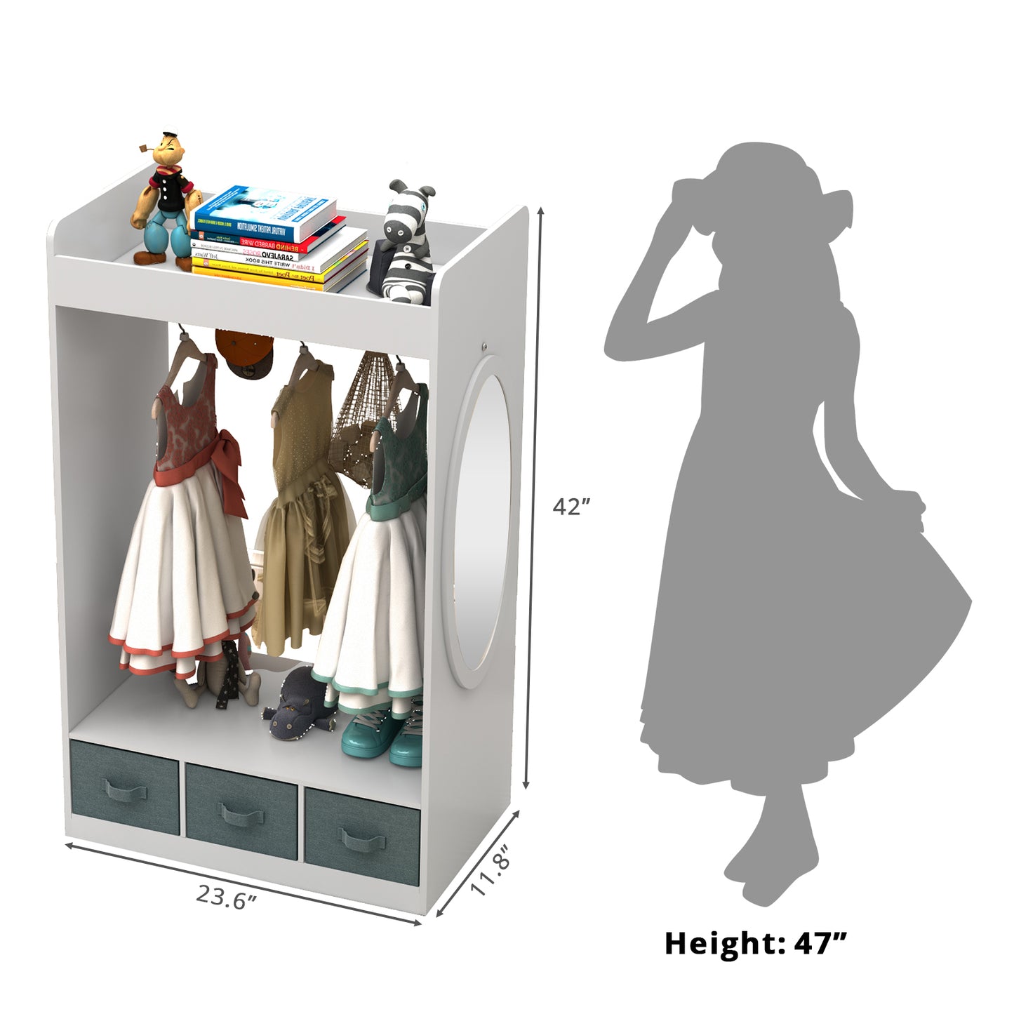 Smuxee Wood Kids Closet Clothes Organizer with Mirror,Kids Toys Organizer Bookshelf for Girl