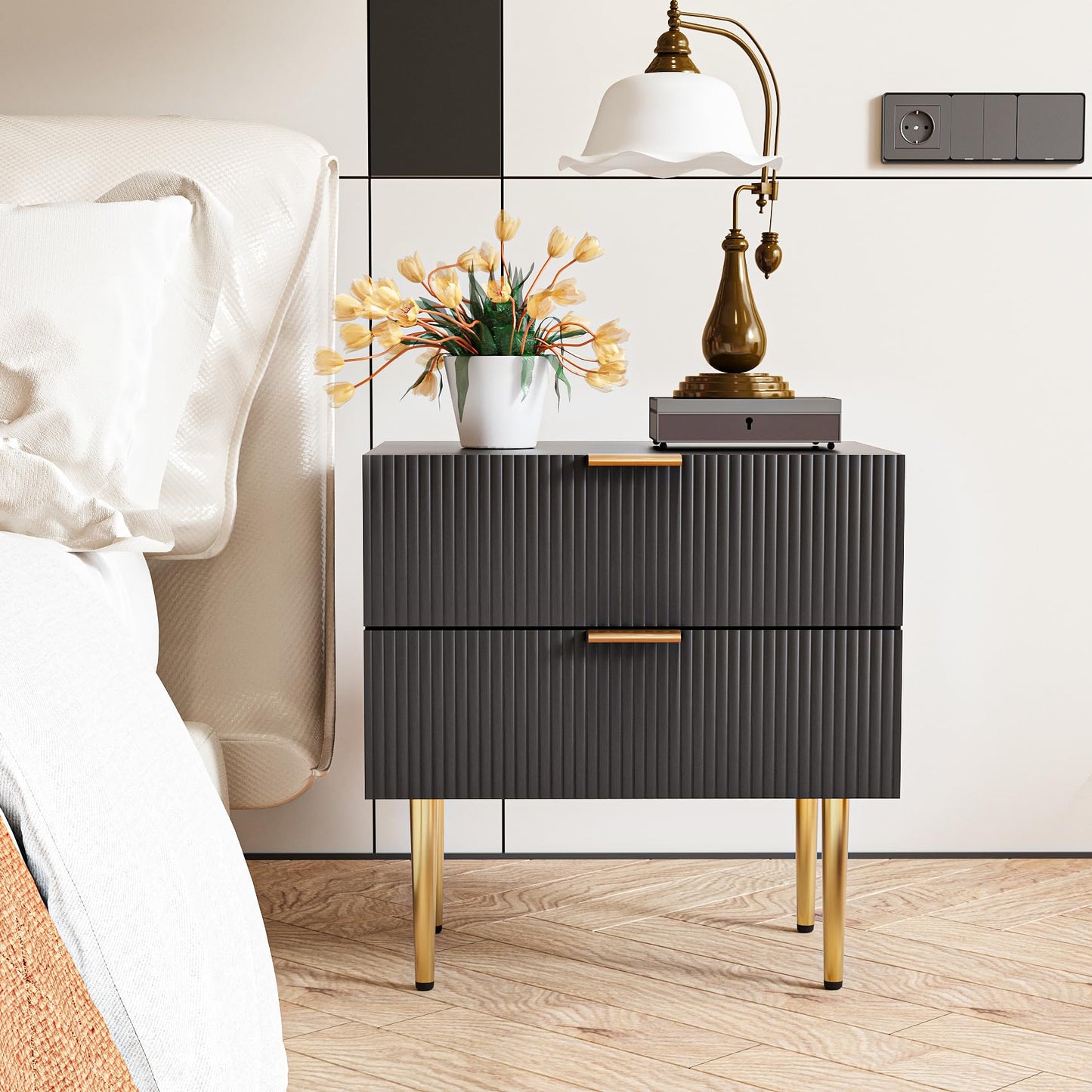 Smart FENDEE Modern Nightstands with 2 Wave Fluted Drawer Wood Bedside Table for Bedroom