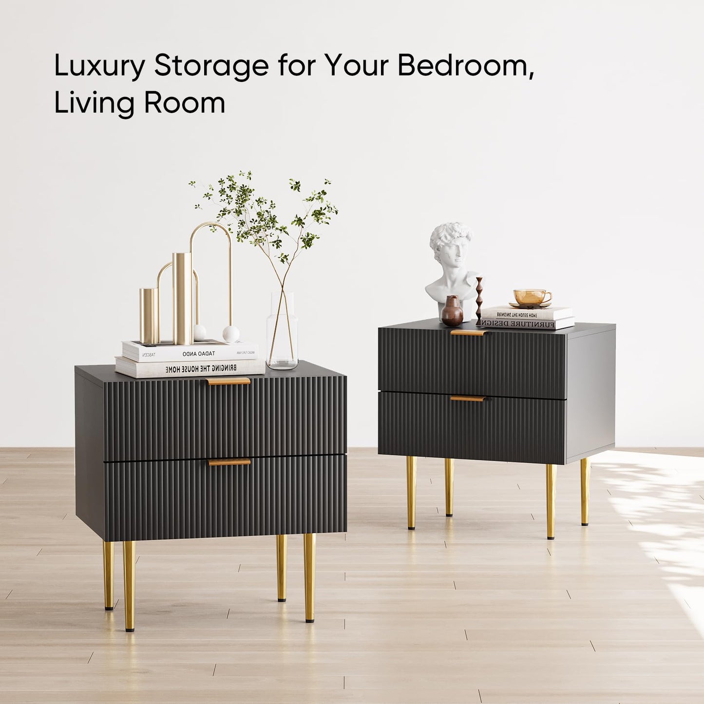 Semiocthome Black Nightstand Modern Night Stand with Wave Fluted Drawer for Bedroom