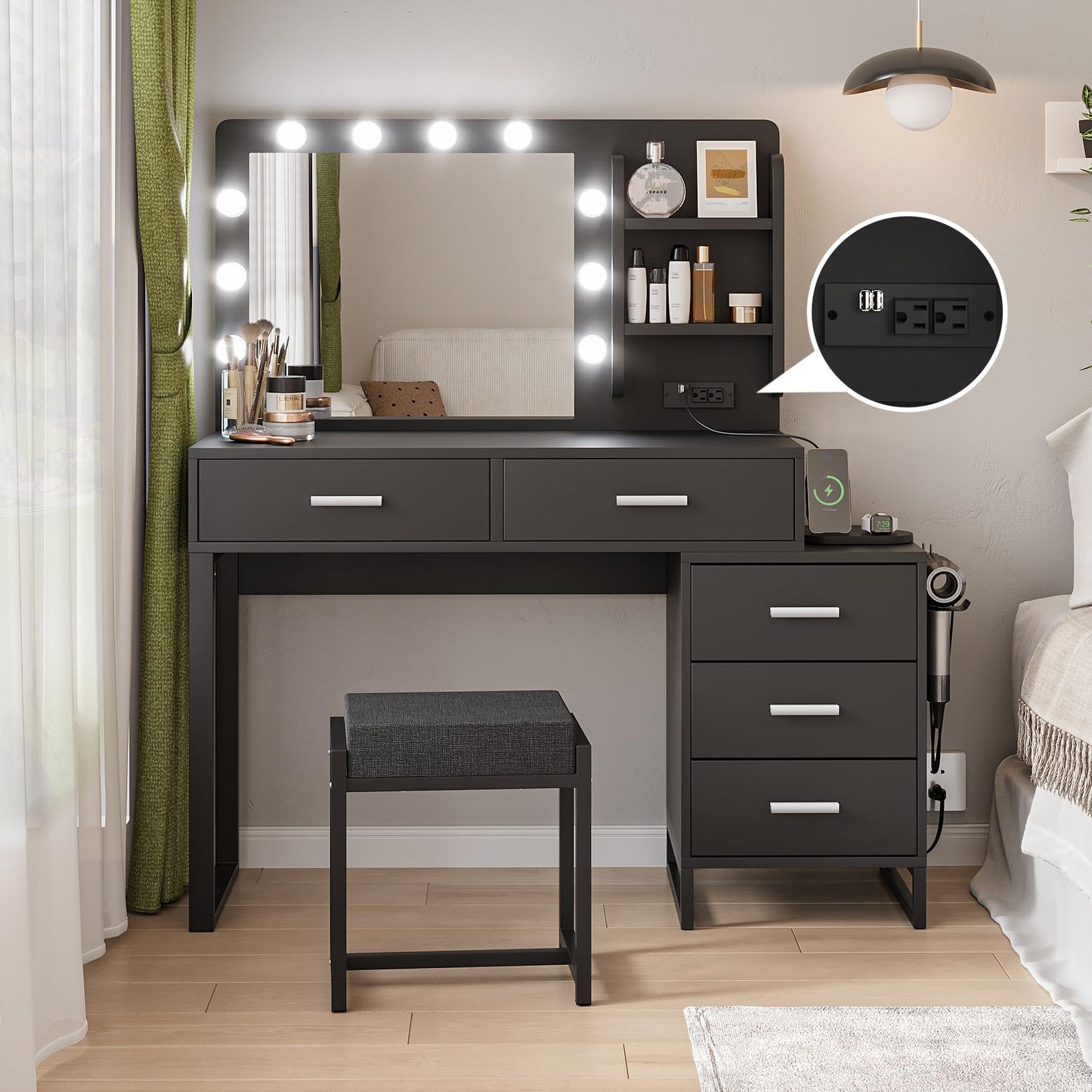 Smuxee Modern Dressing Table Set with 10 LED Lights and Mirror ,Black