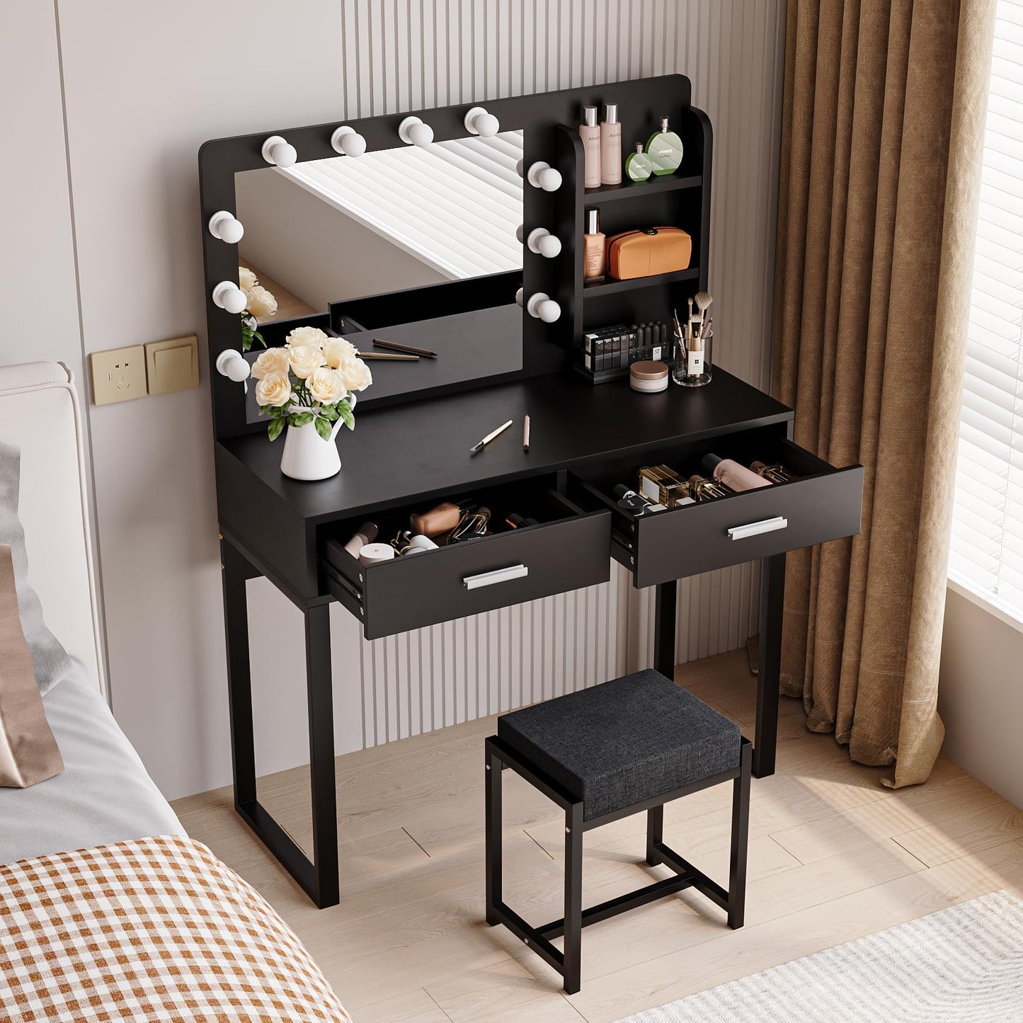 Smuxee Modern Dressing Table Set with 10 LED Lights and Mirror ,Black