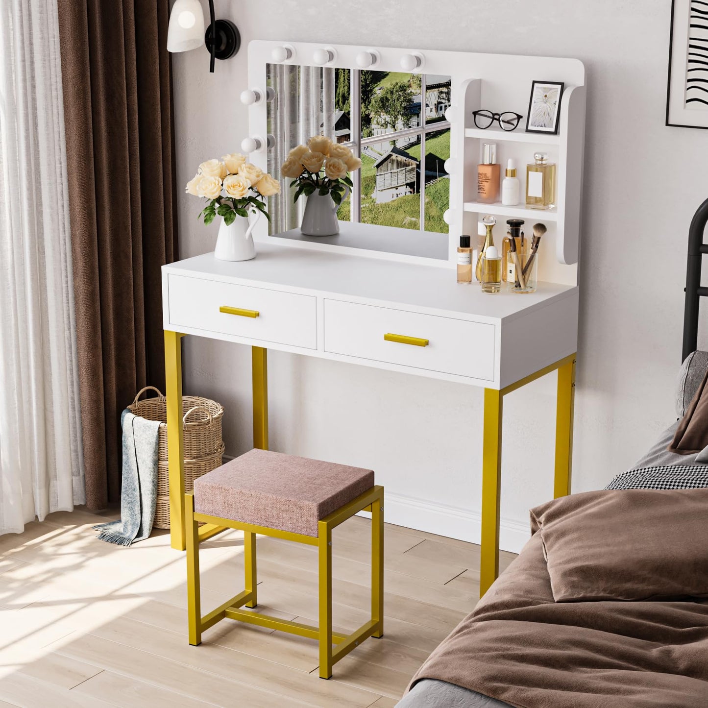 Smuxee Modern Dressing Table Set with 10 LED Lights and Mirror ,Black