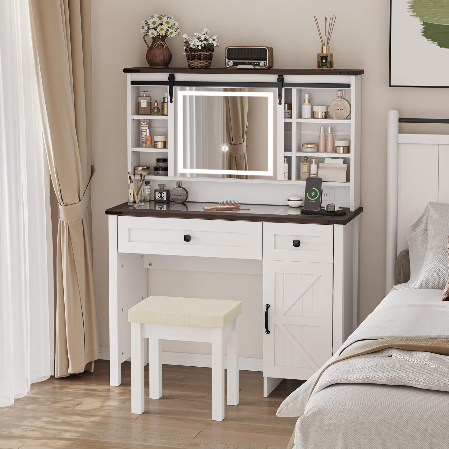 Smart FENDEE Farmhouse Makeup Vanity with Power Outlet,Glass Top,Sliding Mirror, Bedroom,White,Adult