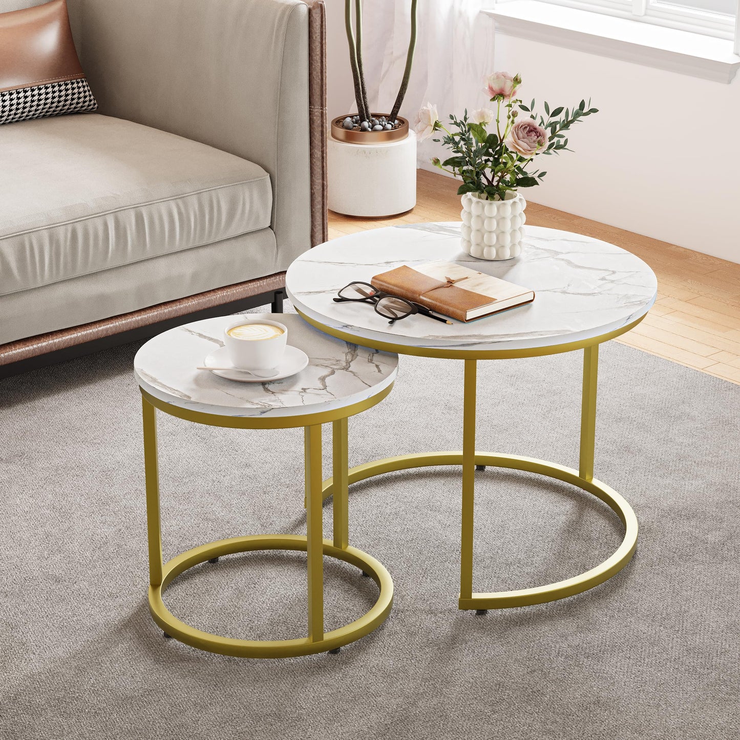 Semiocthome Modern Round Nesting Coffee Table Set,End Table Metal Frame for Living Room