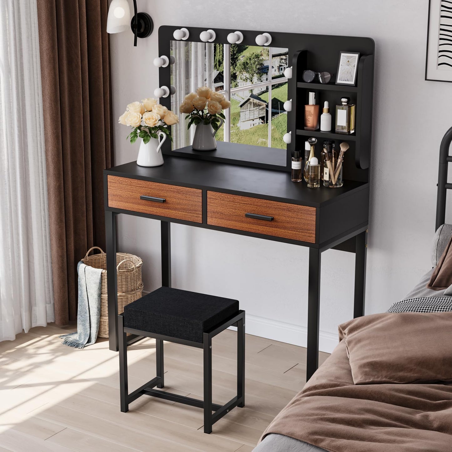 Smuxee Modern Dressing Table Set with 10 LED Lights and Mirror ,Black