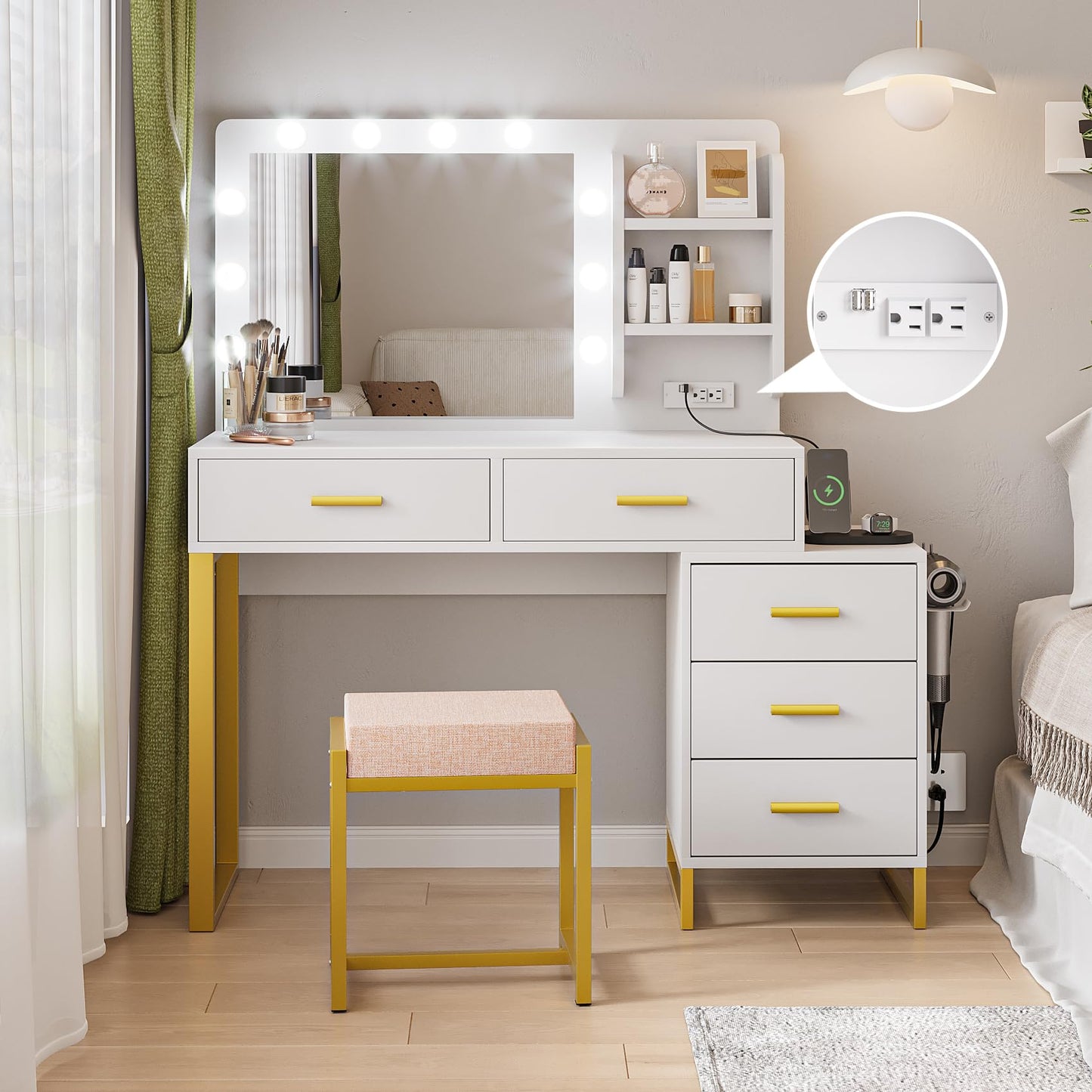 Smuxee Modern Dressing Table Set with 10 LED Lights and Mirror ,Black