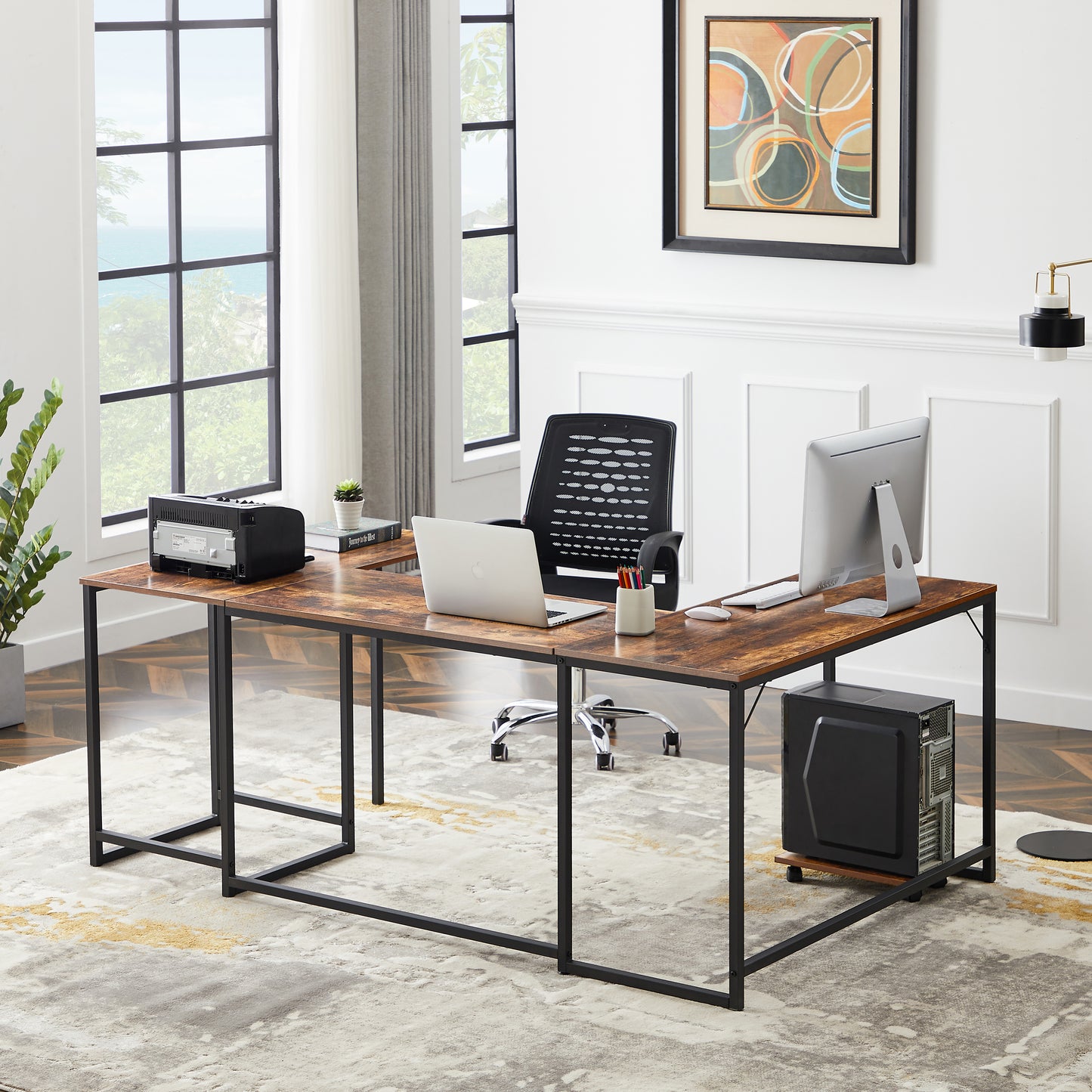 U-shaped Computer Desk, Industrial Corner Writing Desk with CPU Stand, Gaming Table Workstation Desk for Home Office
