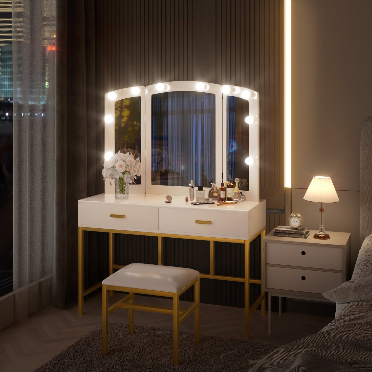 Smuxee Modern Dressing Table Set with 10 LED Lights and Mirror ,Black