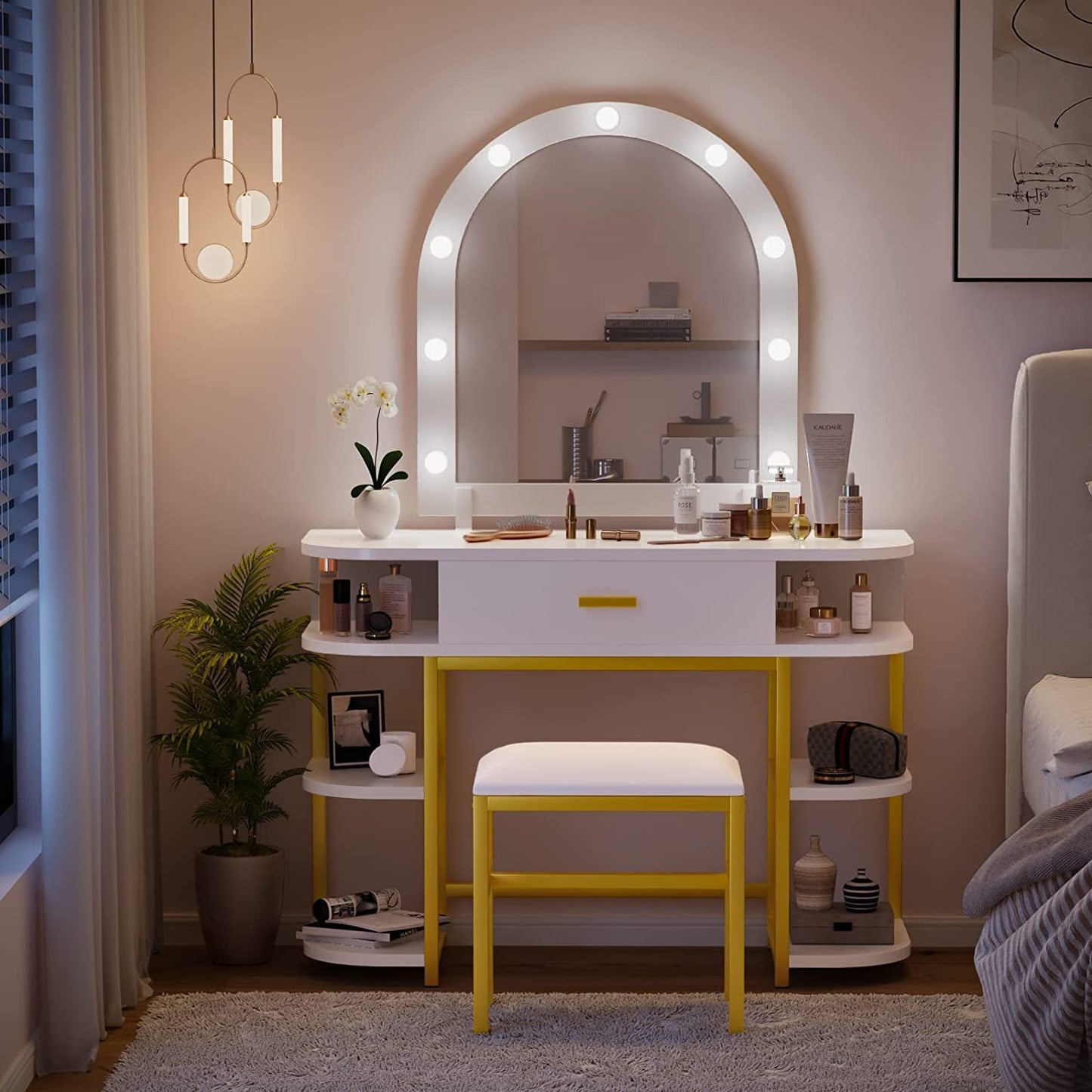 Smuxee Modern Dressing Table Set with 10 LED Lights and Mirror ,Black