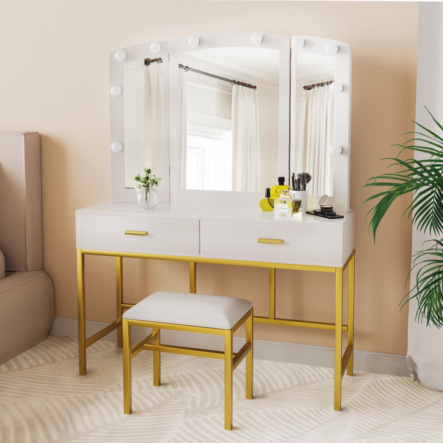 Smuxee Modern Dressing Table Set with 10 LED Lights and Mirror ,Black