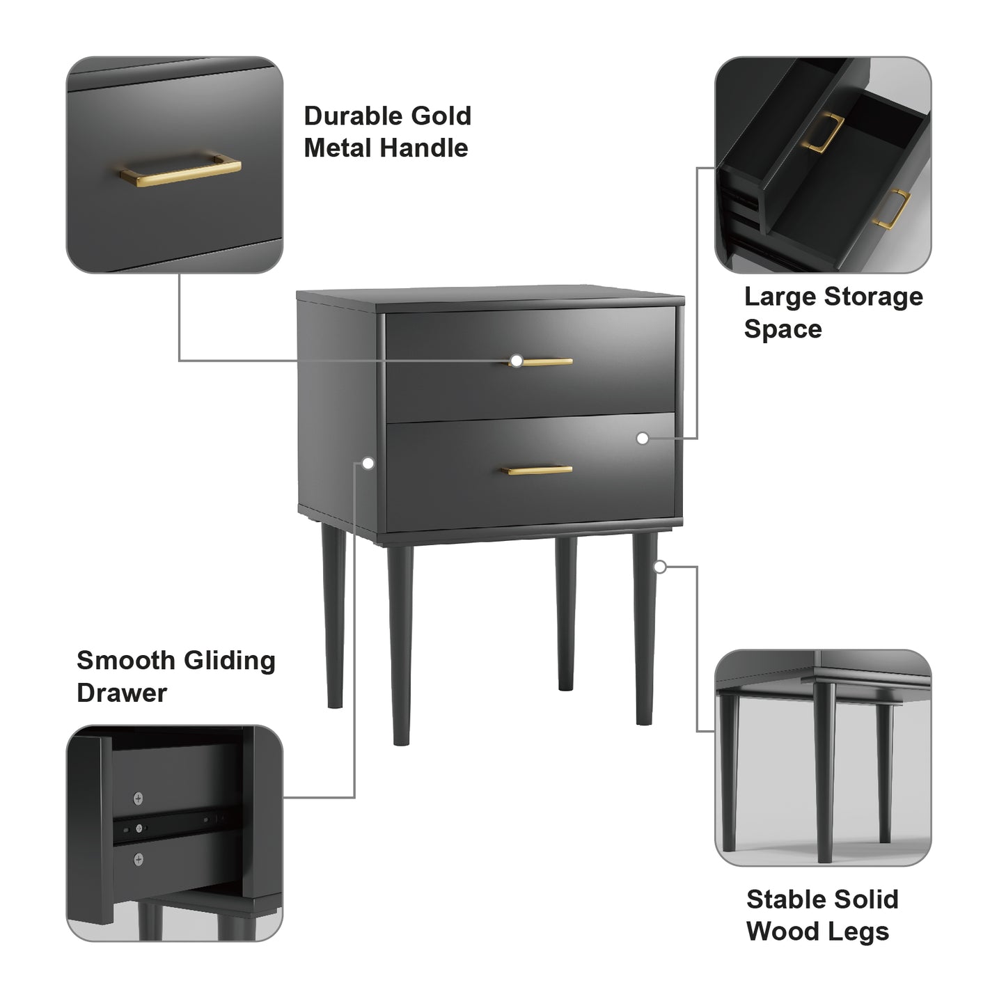 Smuxee Classic Nightstand with 2 Drawer Black Bedside Table for Bedrooms