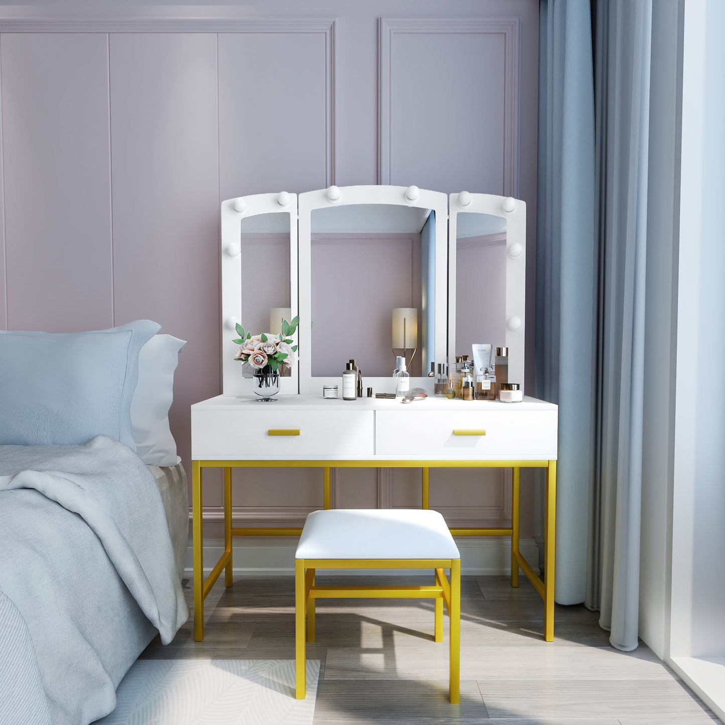 Smuxee Modern Dressing Table Set with 10 LED Lights and Mirror ,Black