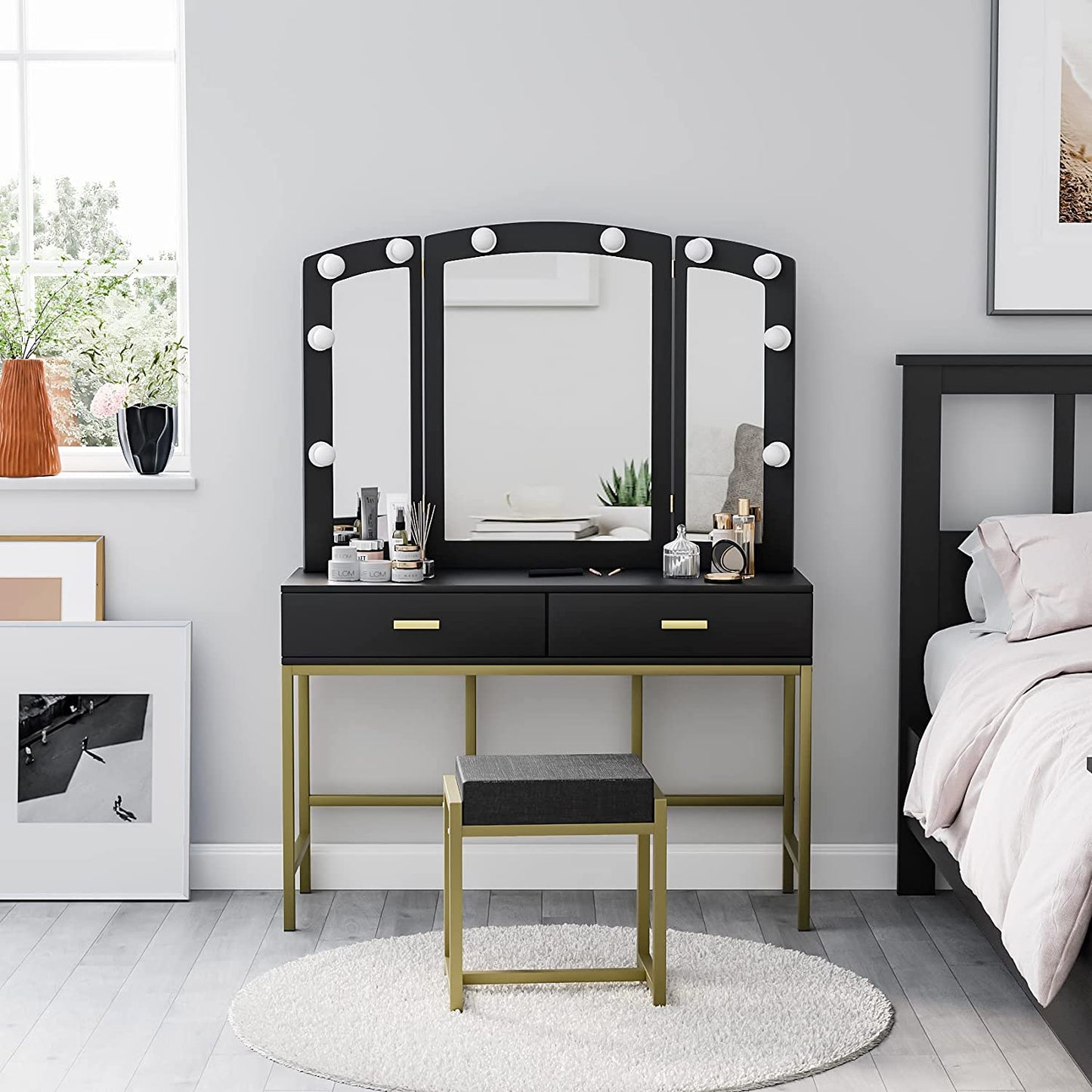 Smuxee Modern Dressing Table Set with 10 LED Lights and Mirror ,Black