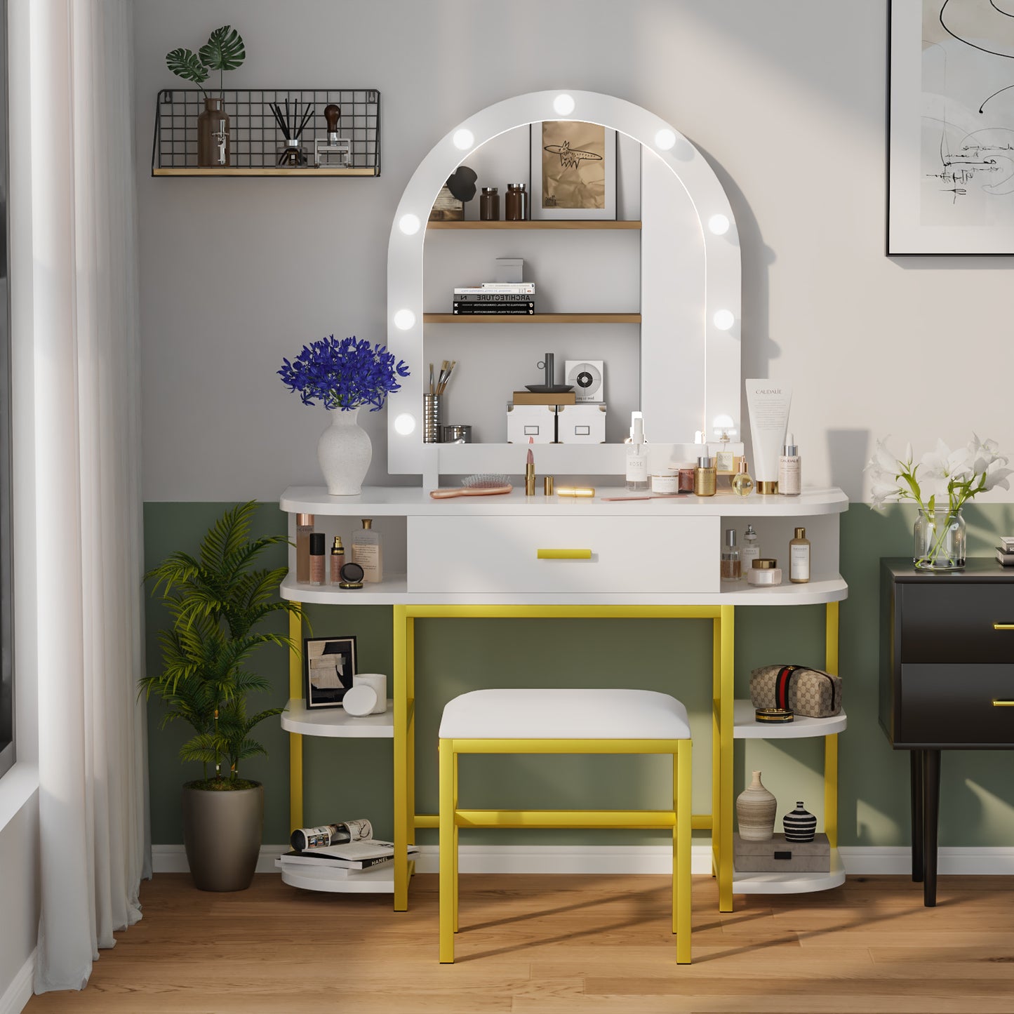 Semiocthome Modern White Vanity Tables Set for Bedroom with LED Lights