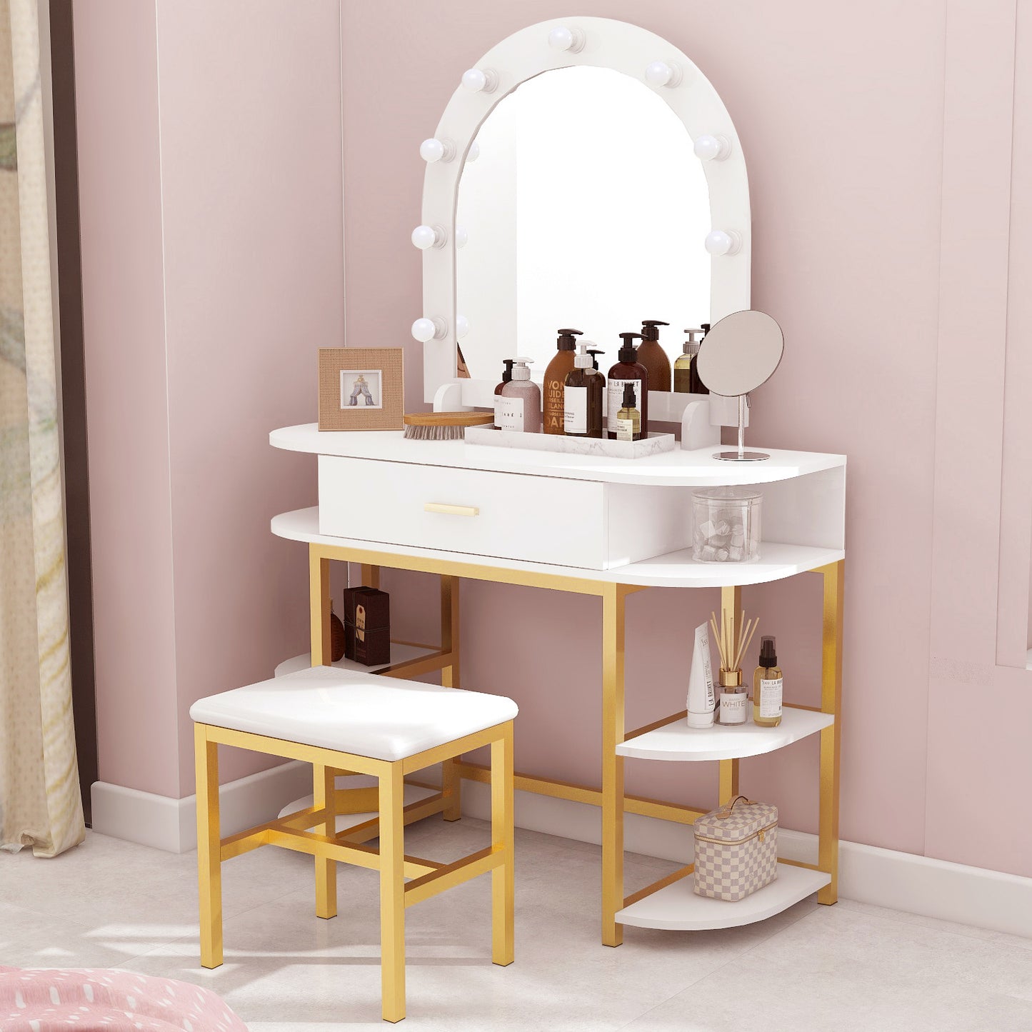 Smuxee Modern Dressing Table Set with 10 LED Lights and Mirror ,Black