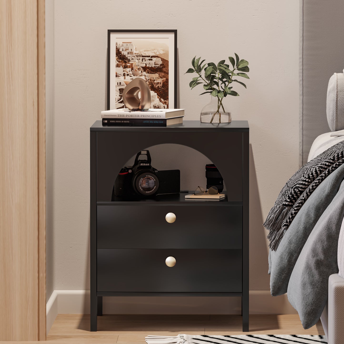 Algherohein Black Modern Nightstand 2 Drawers Beside Table for Bedroom