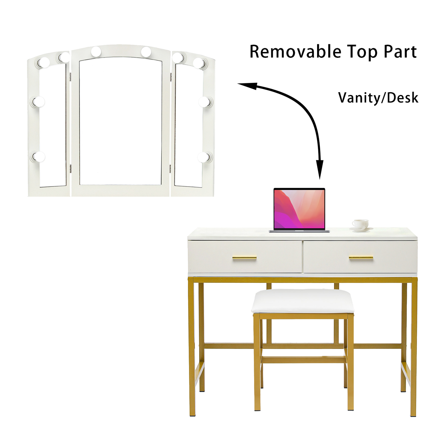 Smuxee Modern Dressing Table Set with 10 LED Lights and Mirror ,Black