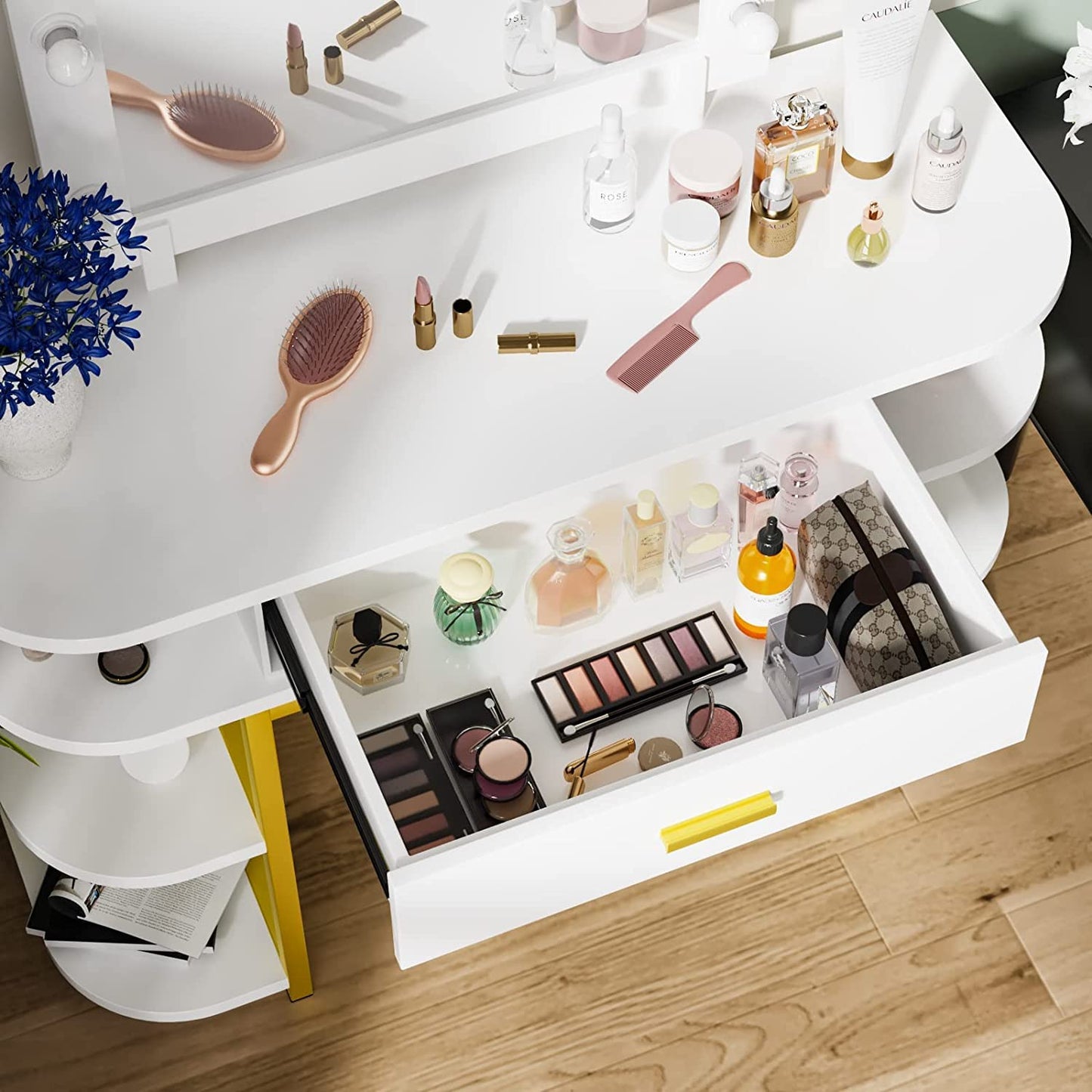 Smuxee Modern Dressing Table Set with 10 LED Lights and Mirror ,Black