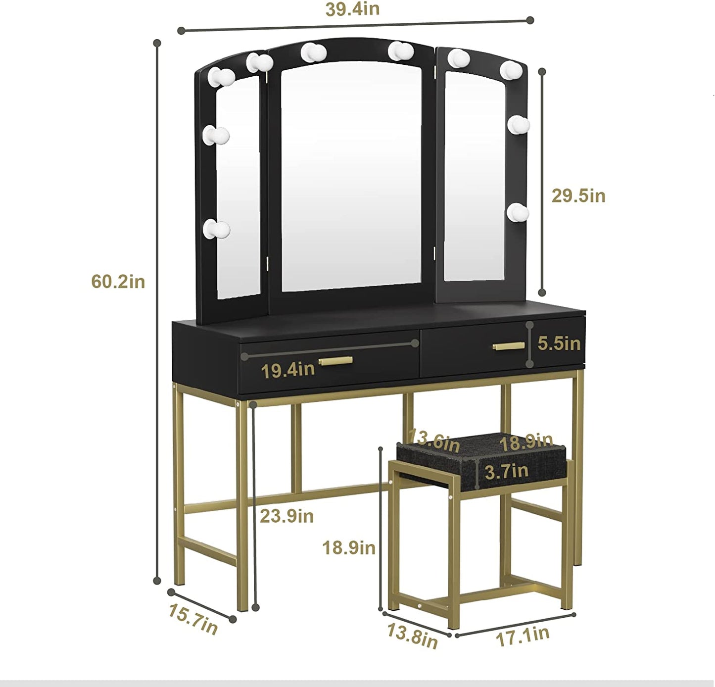 Smuxee Modern Dressing Table Set with 10 LED Lights and Mirror ,Black