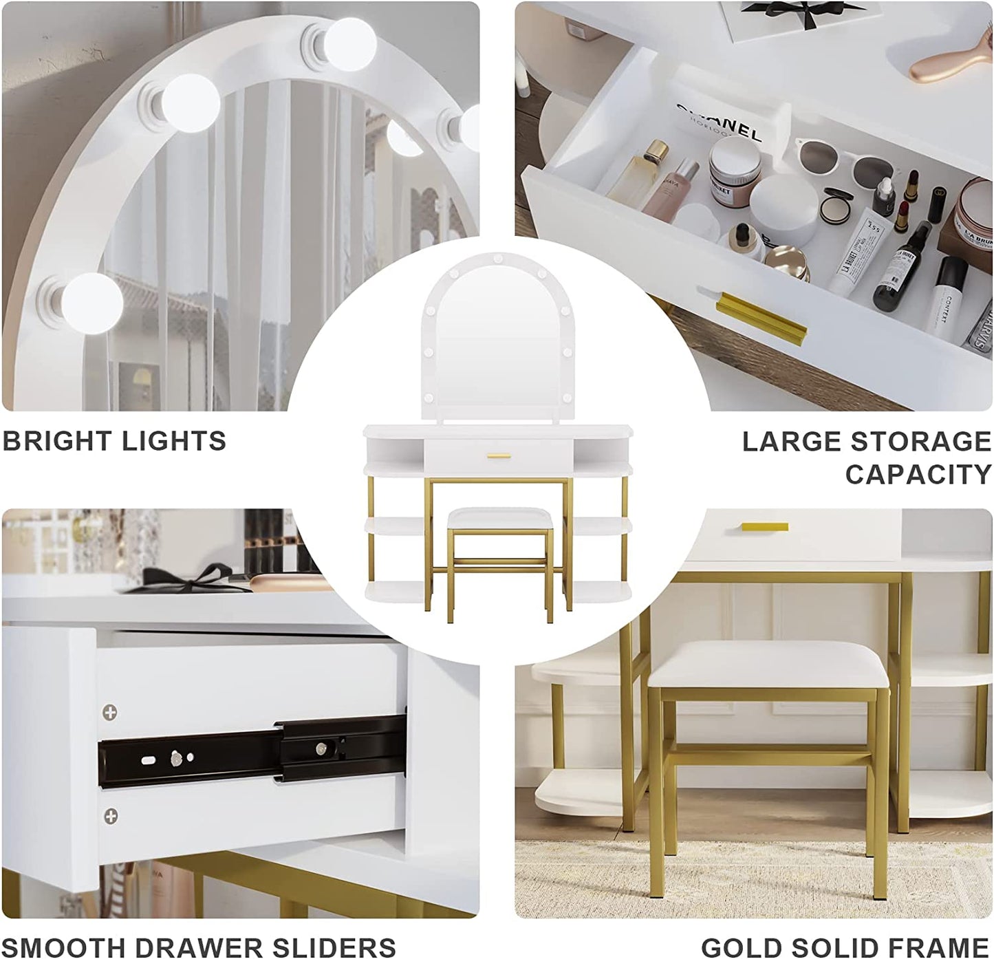 Smuxee Modern Dressing Table Set with 10 LED Lights and Mirror ,Black