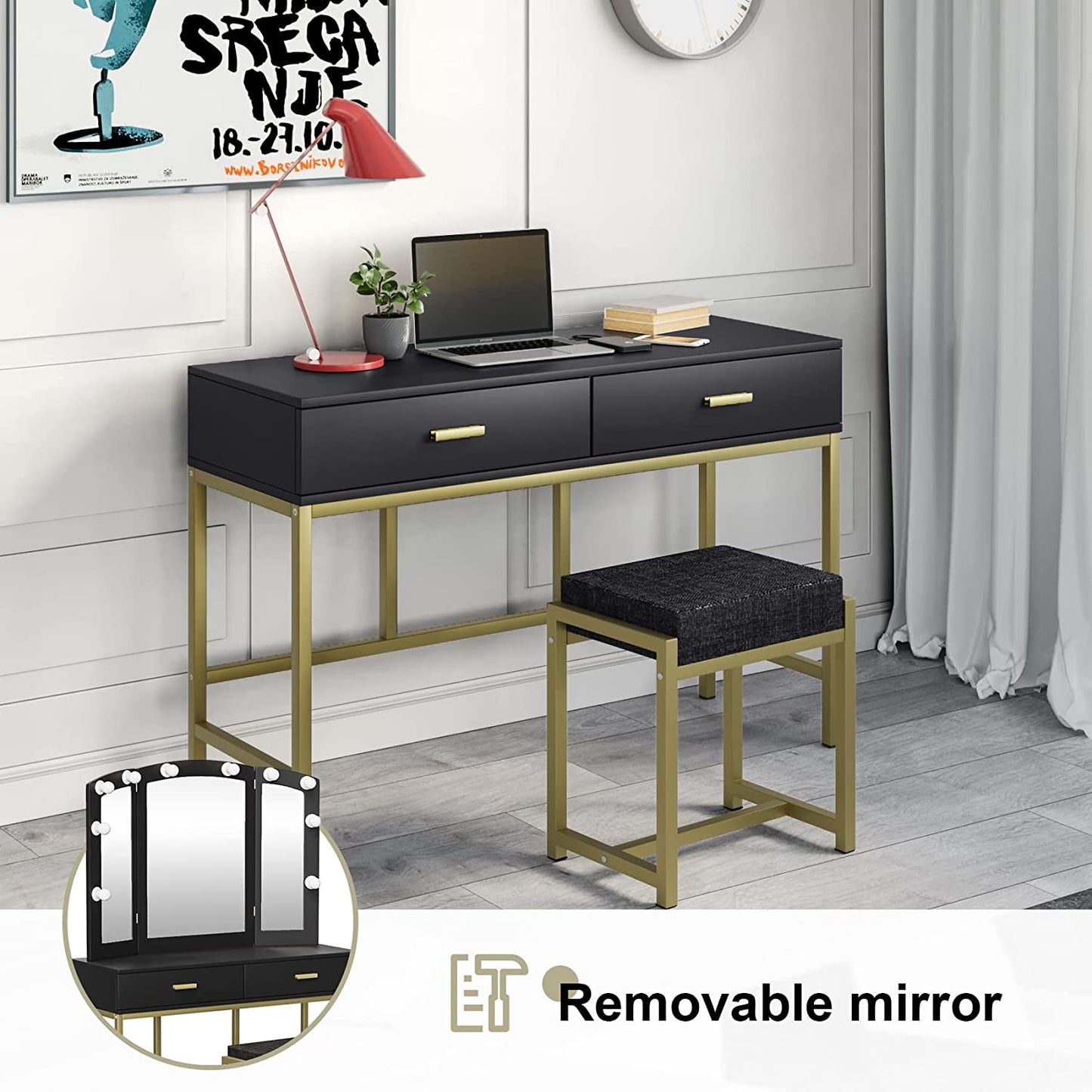 Smuxee Modern Dressing Table Set with 10 LED Lights and Mirror ,Black