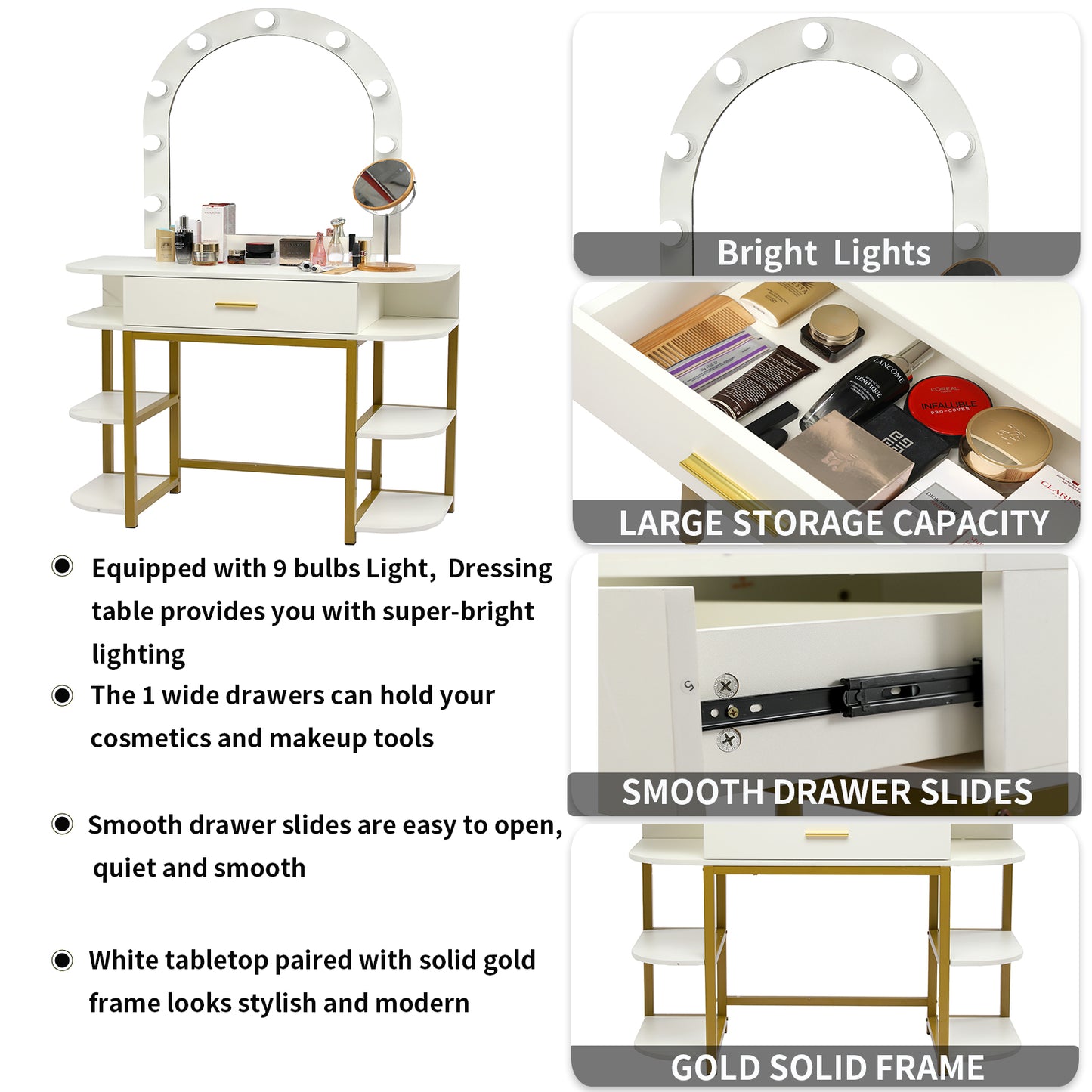 Smuxee Modern Dressing Table Set with 10 LED Lights and Mirror ,Black