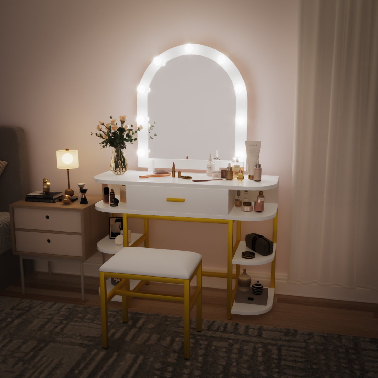 Smuxee Modern Dressing Table Set with 10 LED Lights and Mirror ,Black