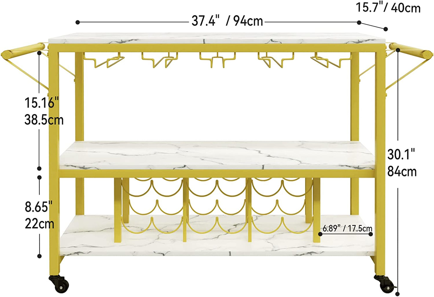Multifunctional Metal Bar Cart with 3-Tier Gold Bar Cart for Home