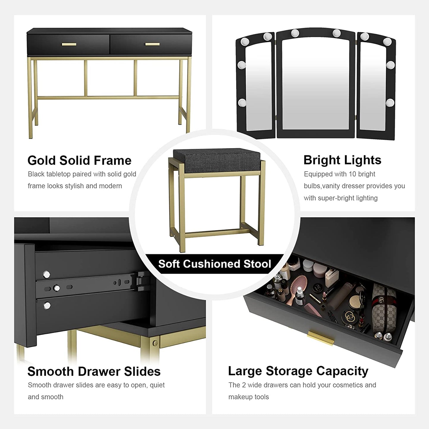 Smuxee Modern Dressing Table Set with 10 LED Lights and Mirror ,Black