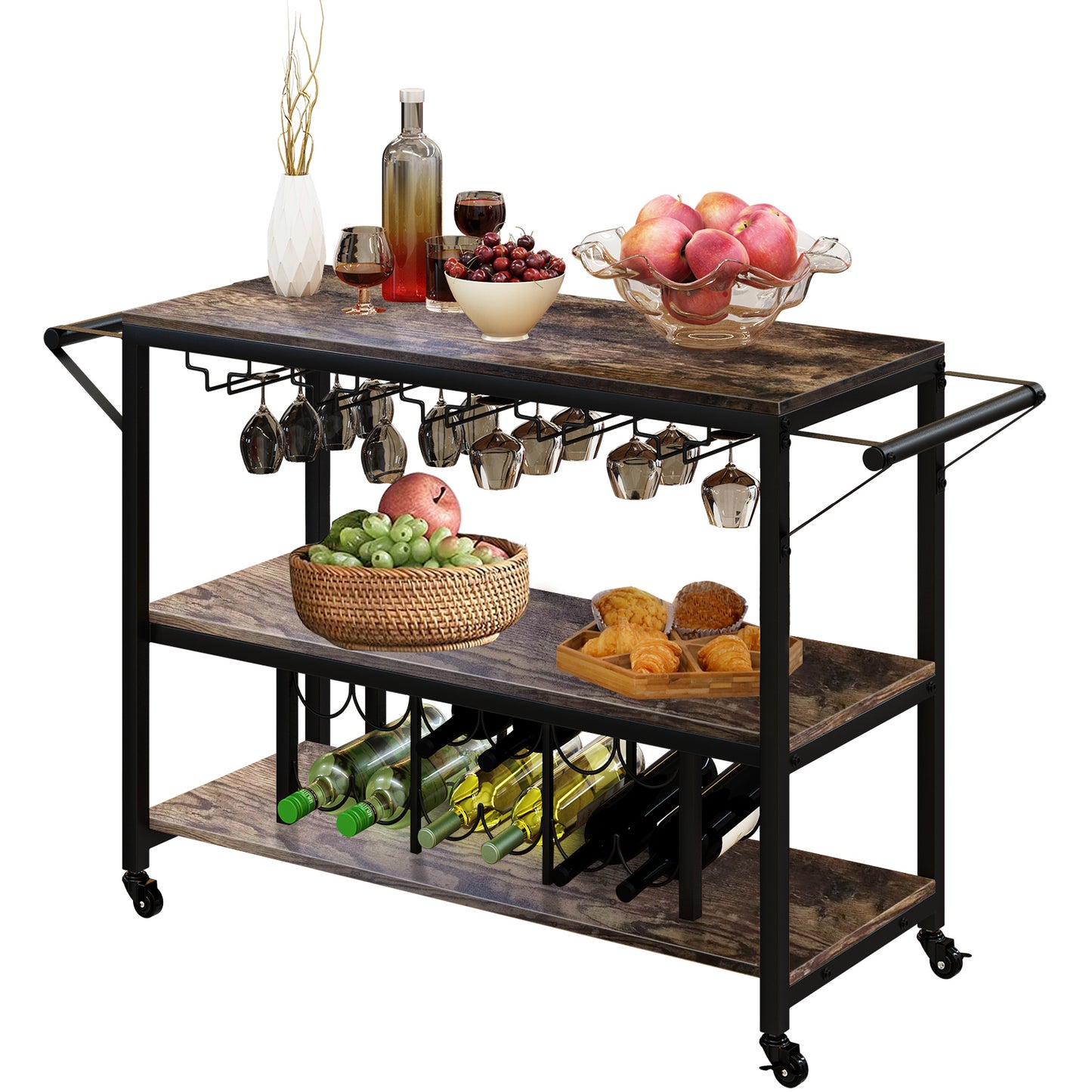 Multifunctional Metal Bar Cart with 3-Tier Gold Bar Cart for Home