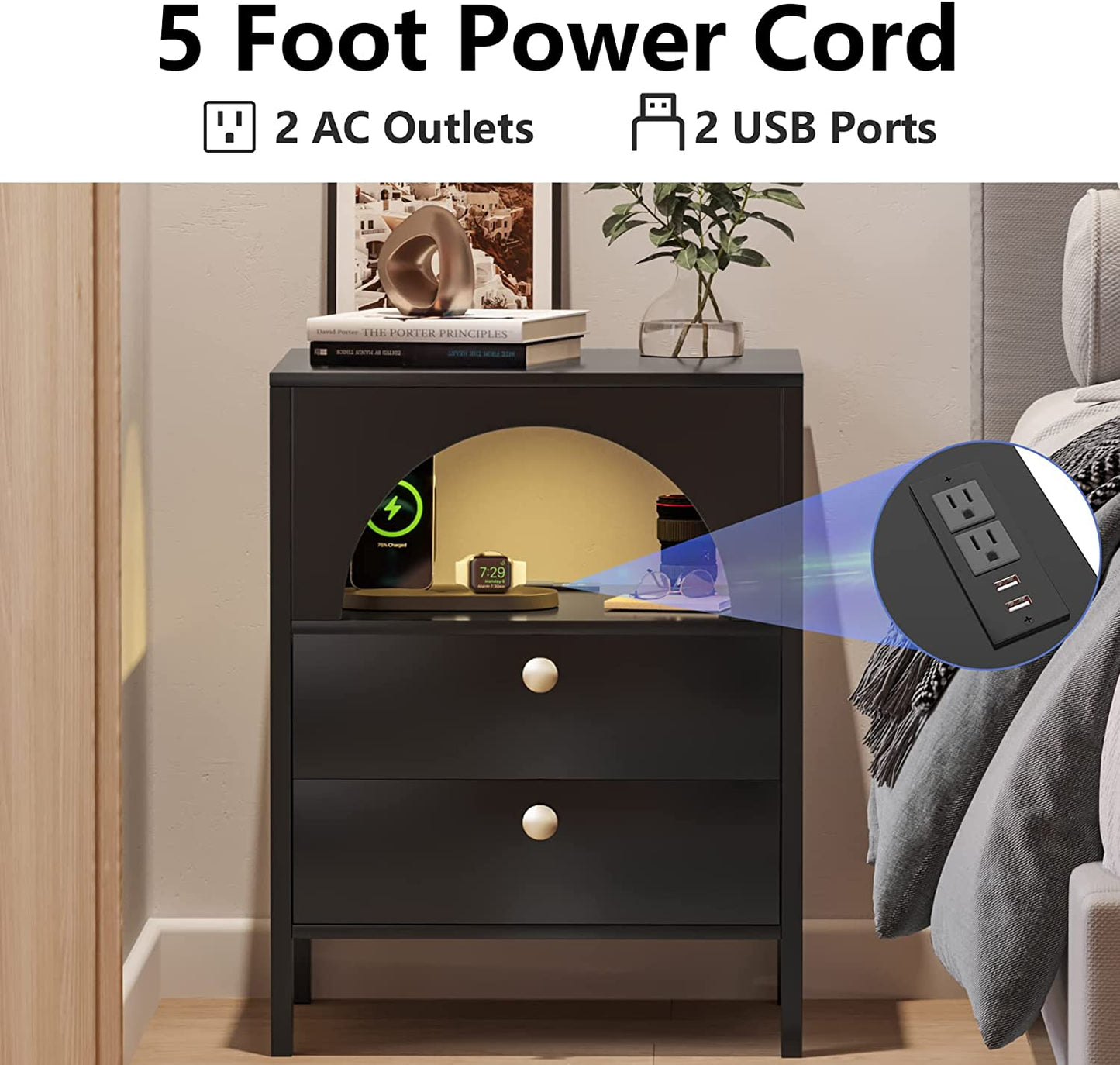 Algherohein Black Modern Nightstand 2 Drawers Beside Table for Bedroom