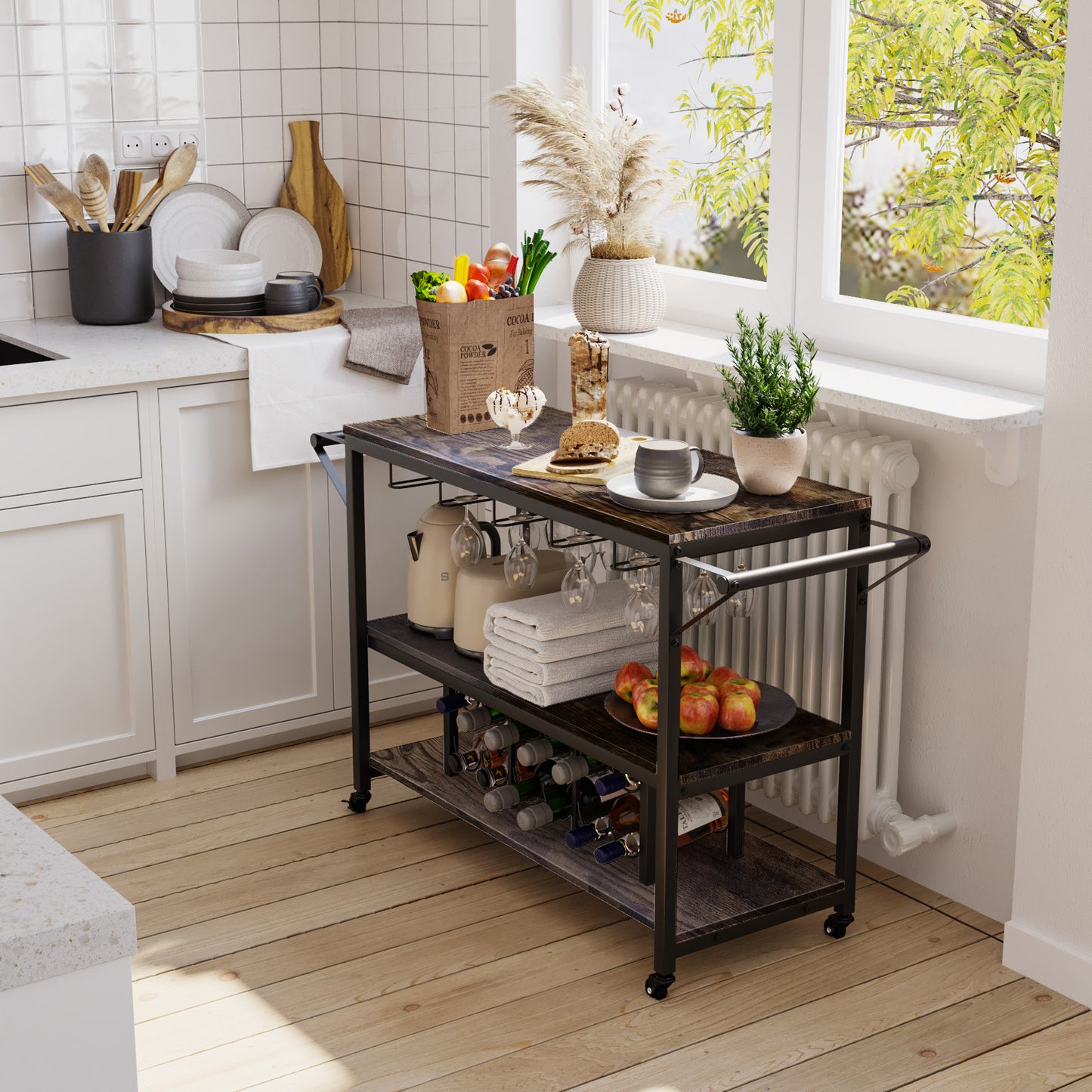 Multifunctional Metal Bar Cart with 3-Tier Gold Bar Cart for Home