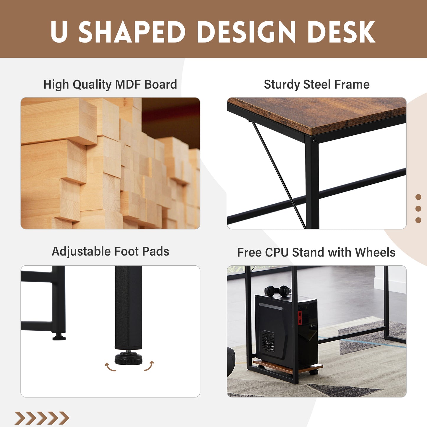 U-shaped Computer Desk, Industrial Corner Writing Desk with CPU Stand, Gaming Table Workstation Desk for Home Office