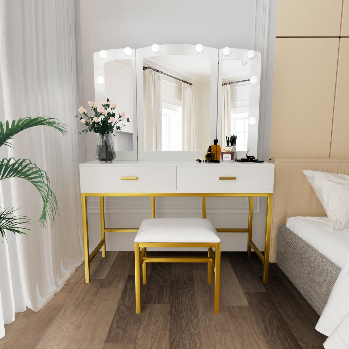 Semiocthome Modern White Vanity Tables Set for Bedroom with LED Lights