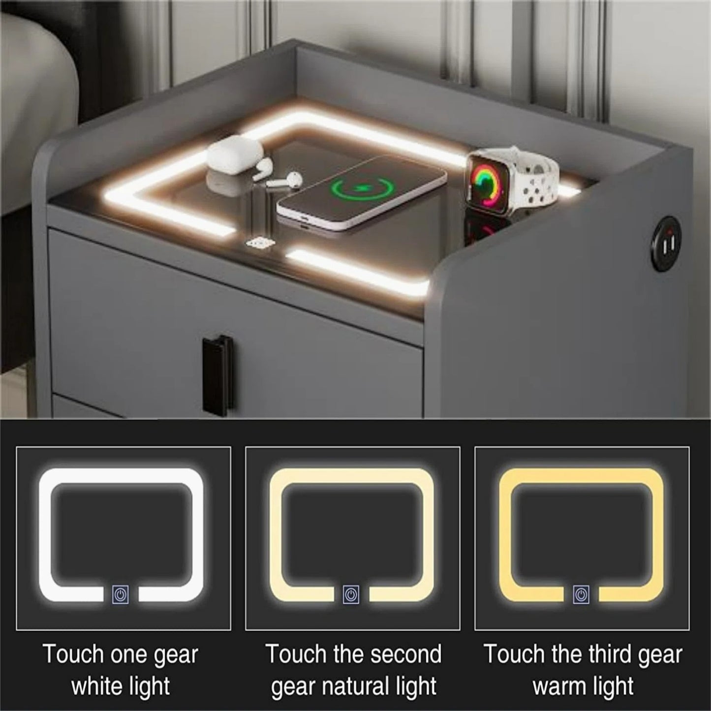 Nightstand with Wireless Charging Station,USB Charging and Adjustable LED Lights, Modern End Table with 2 Drawers for Bedroom,White