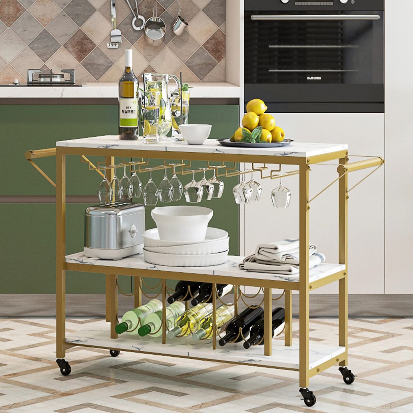 Multifunctional Metal Bar Cart with 3-Tier Gold Bar Cart for Home