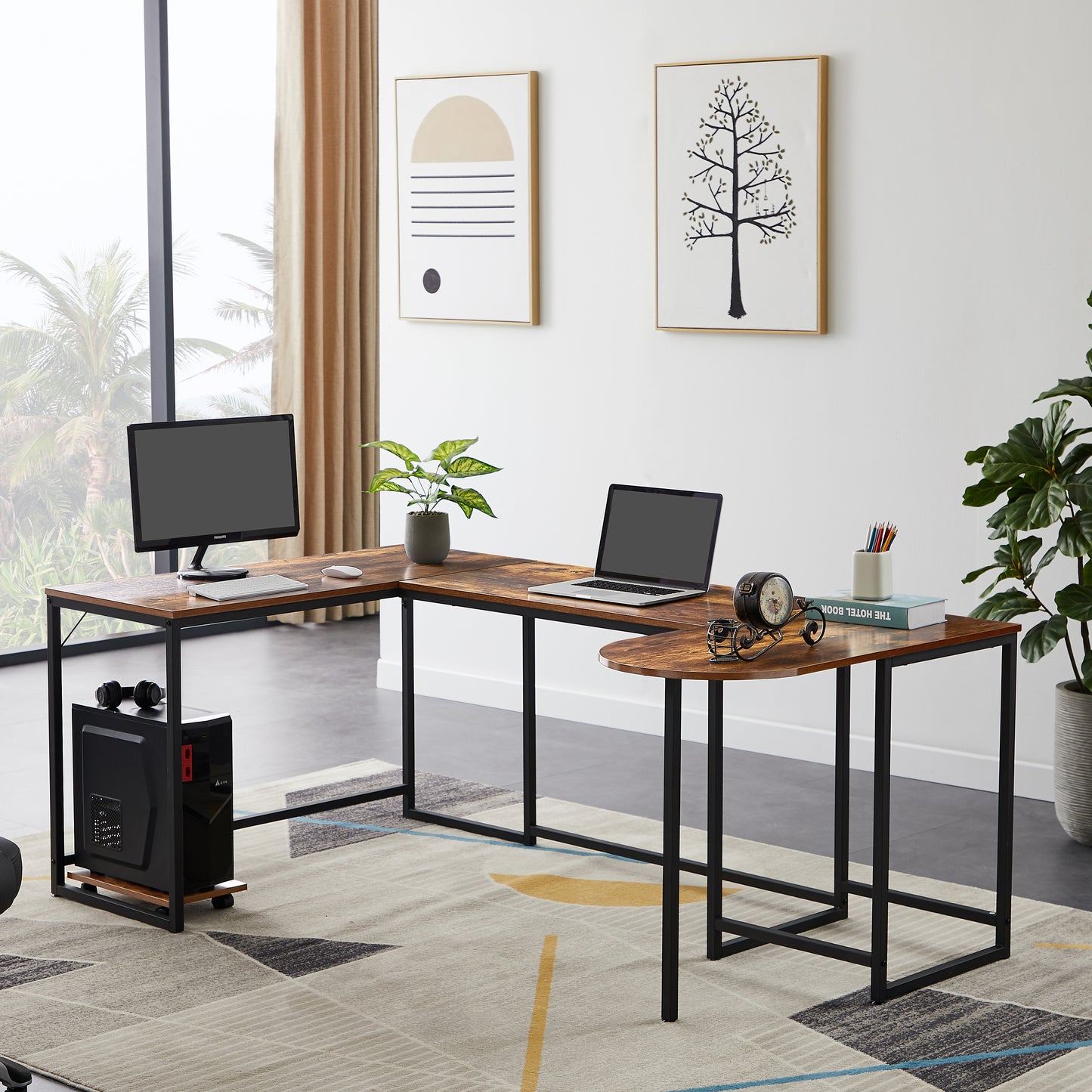 U-shaped Computer Desk, Industrial Corner Writing Desk with CPU Stand, Gaming Table Workstation Desk for Home Office