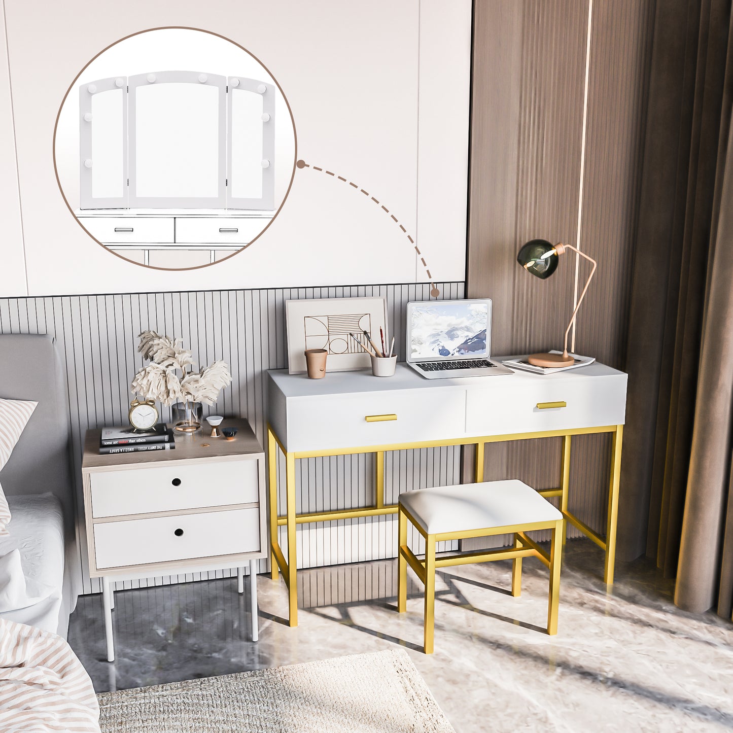 Semiocthome Modern White Vanity Tables Set for Bedroom with LED Lights