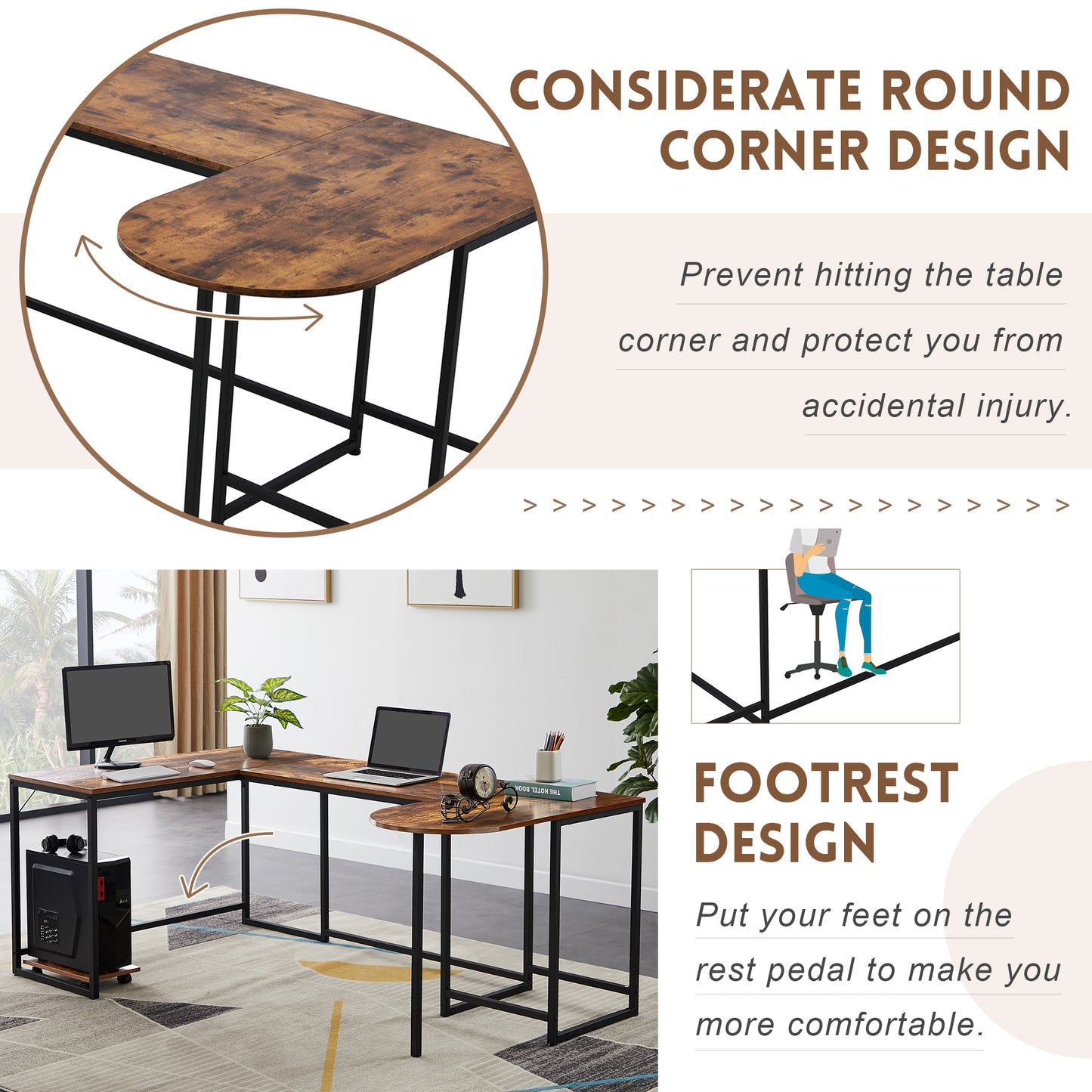 U-shaped Computer Desk, Industrial Corner Writing Desk with CPU Stand, Gaming Table Workstation Desk for Home Office