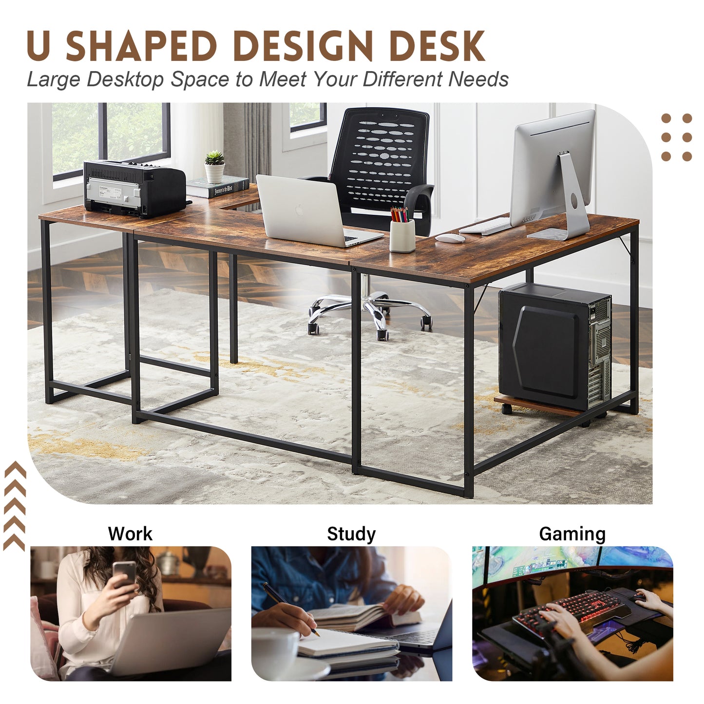 U-shaped Computer Desk, Industrial Corner Writing Desk with CPU Stand, Gaming Table Workstation Desk for Home Office