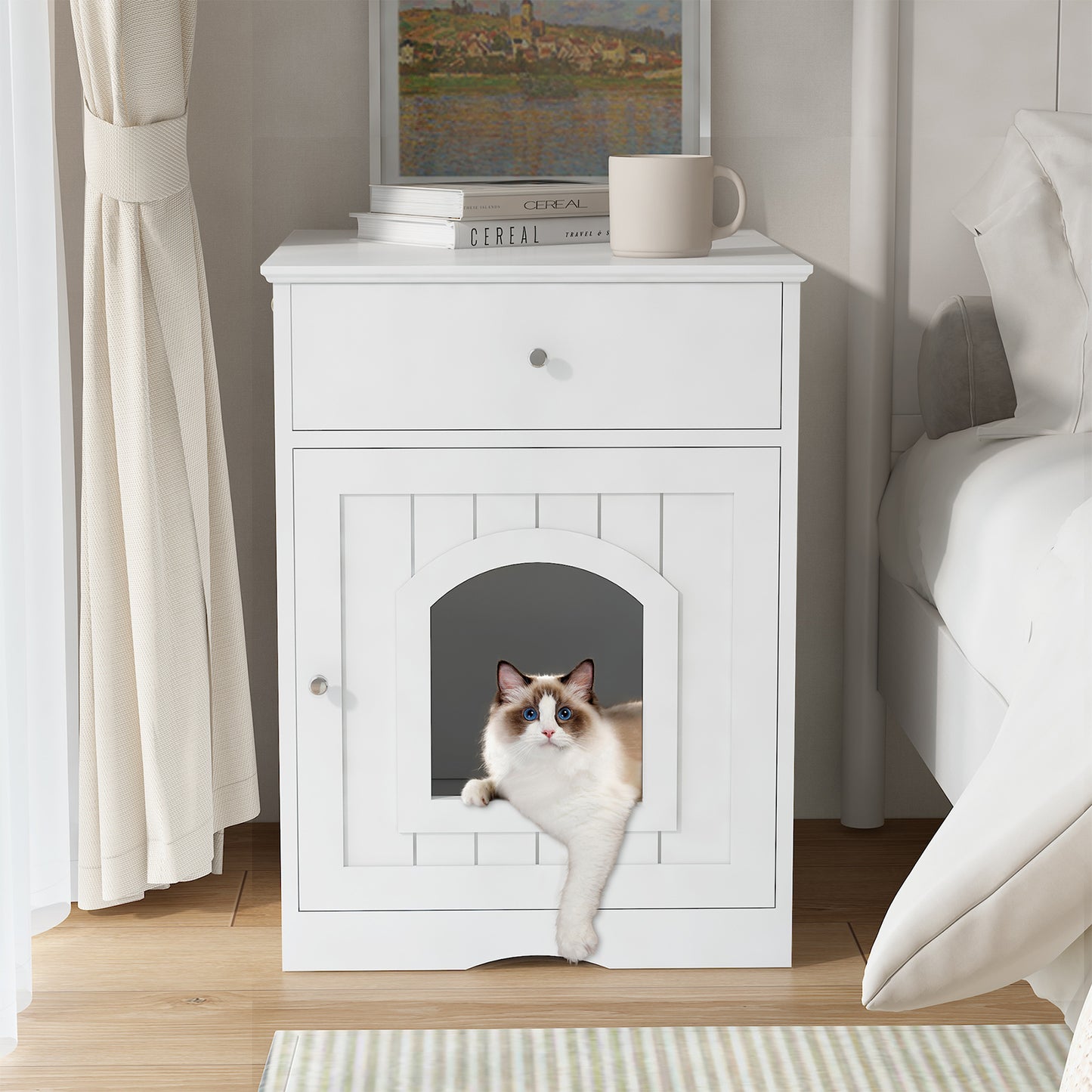 Algherohein Wooden Multi-Function Pet Cat House, Cat Condo Nightstand with Drawer,Vibrant Life