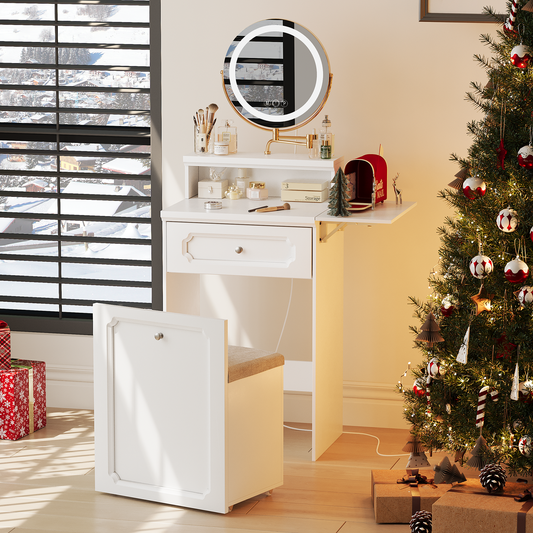 Semiocthome Makeup Vanity with 360° Rotated Mirror Lights, Storage Stool with Wheels