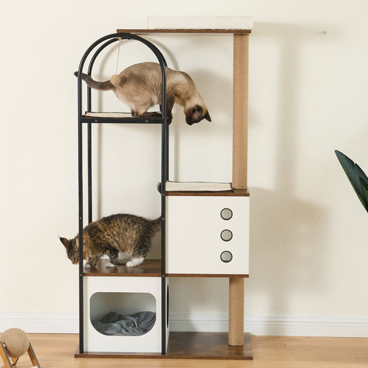 Smart FENDEE Wood Cat Tree Tower Kitty Climbing Pet House Cabinet with Shelves and Door, Brown