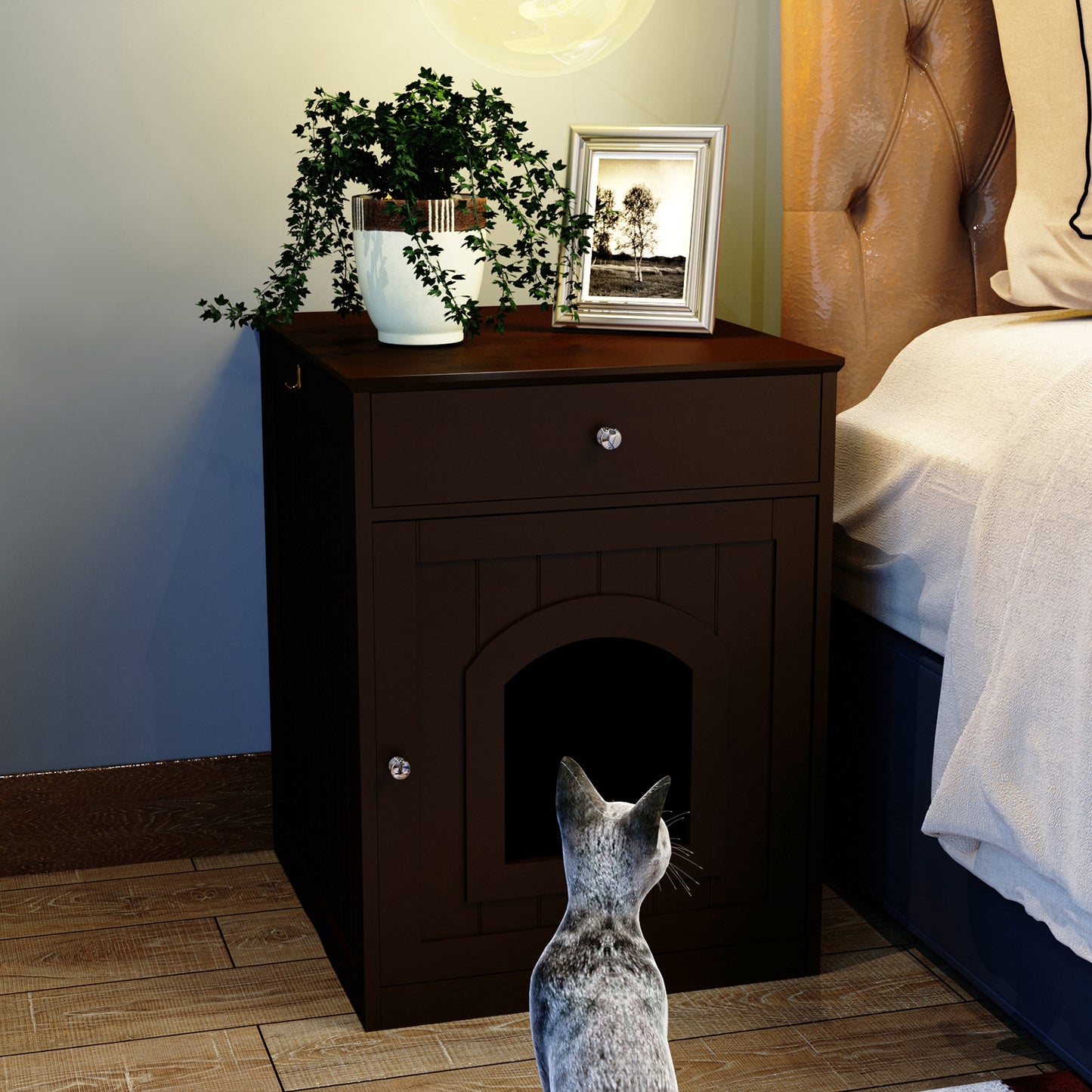 Algherohein Wooden Multi-Function Pet Cat House, Cat Condo Nightstand with Drawer,Vibrant Life