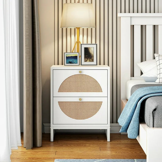 Smart FENDEE Wood Nightstand with 2 Rattan Drawers Bedside Table for Adult, Bedroom