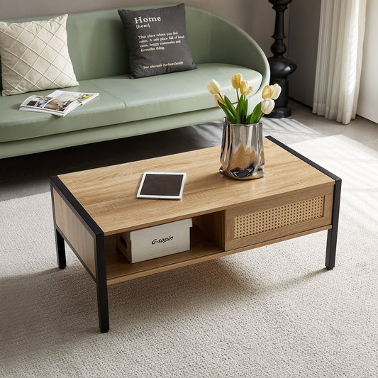 Smart FENDEE Rattan Coffee Table with Sliding Door Storage and Metal Leg for Living Room