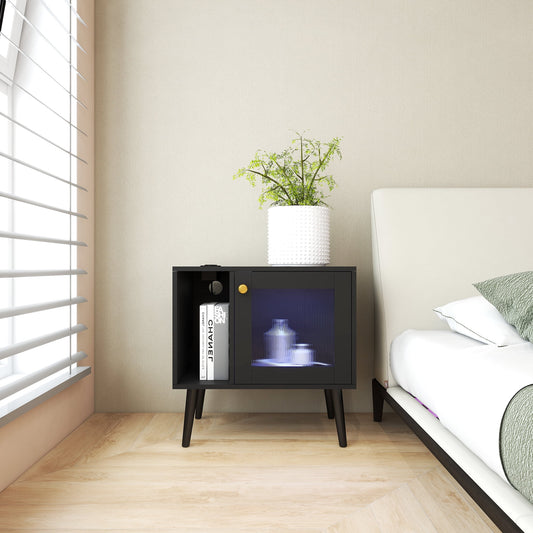 Smart FENDEE Modern Nightstand with Charging Station and Glass Door, Wood Table for Bedroom in Black