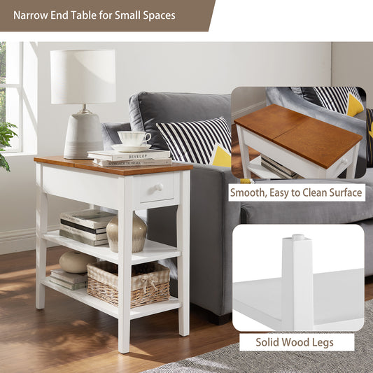 Smart FENDEE End Table with Charging Station and 1 Drawer, 2 Shelf, Solid Wood Legs, Bedroom,11.8"*24"*24.2"