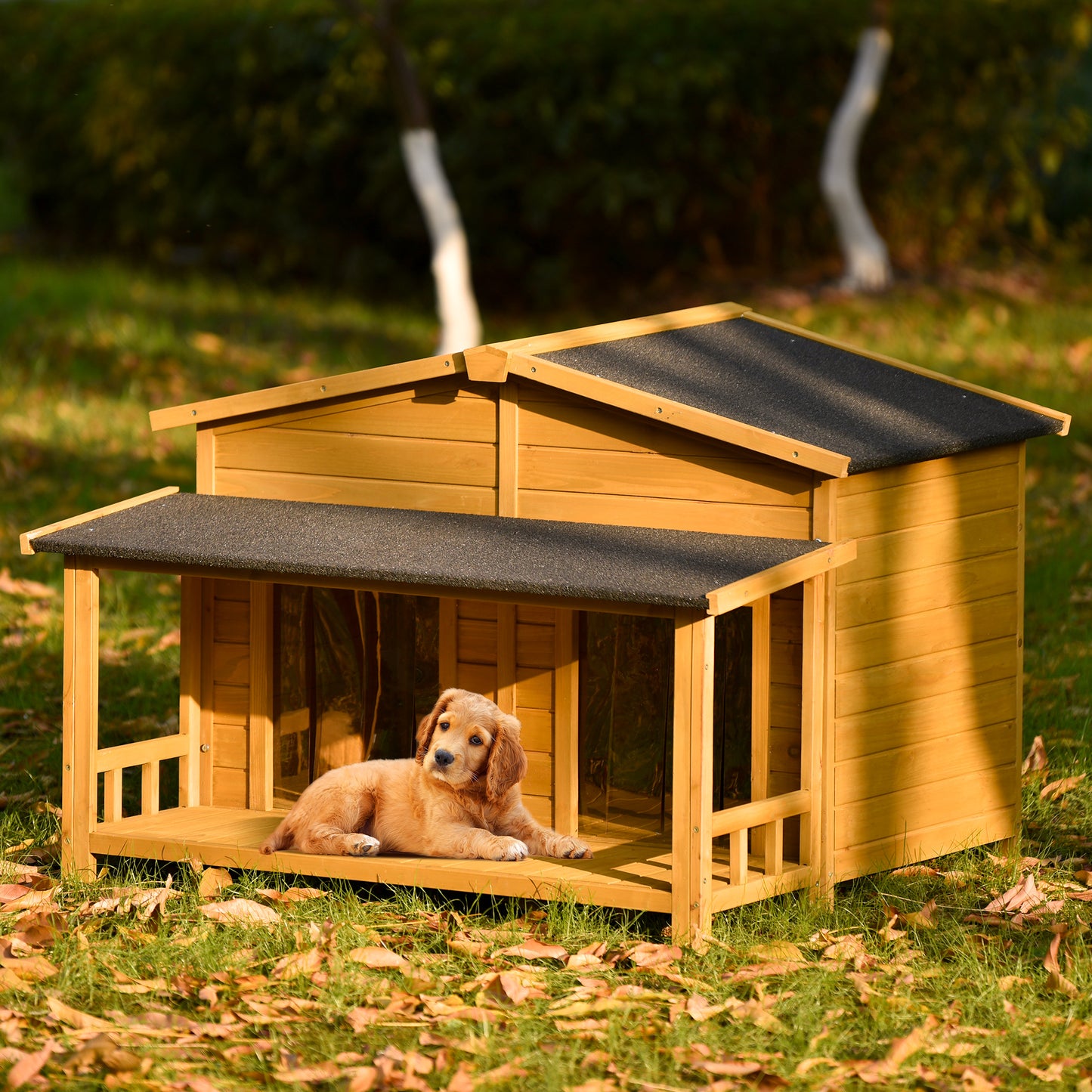 Smart FENDEE 47.2" Large Wood Dog House Pet Log Cabin Home with Porch Deck, Outdoor